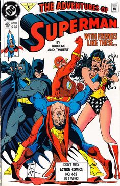 the adventures of superman and his friends are featured in this cover art from dc comics