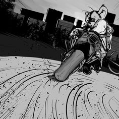 a black and white drawing of a person riding a motorcycle on the road with buildings in the background