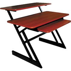 two wooden desks sitting on top of each other with black legs and one red table