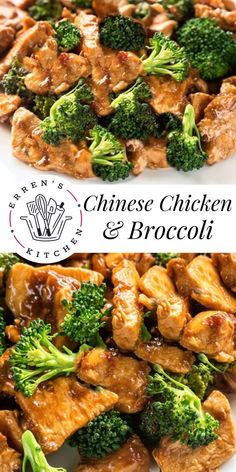 chicken and broccoli stir fry on a plate with the words chinese chicken and broccoli