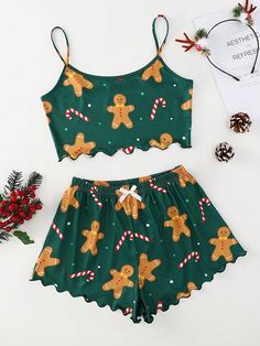 2pcs Women's Comfortable Christmas Pajama Set - Festive Gingerbread Print, With Floral Trim Camisole Top And Shorts, Soft Polyester Sleepwear Green Sexy  Sleeveless Fabric Christmas,All Over Print  Slight Stretch Spring/Summer Women Sleep & Lounge, size features are:Bust: ,Length: ,Sleeve Length: Bandeau Tops, Plus Lingerie, Powerpuff Girl, Christmas Pajama Set, Sleepwear & Loungewear, Pyjama Set, Short Pajama Set, Pajama Shorts, Christmas Pajamas