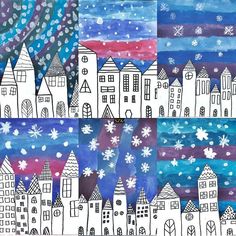 an art project with snow and buildings painted on paper