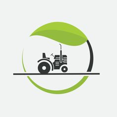 a tractor with a green leaf on the top is shown in this logo design for an agricultural