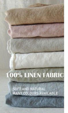 four different colored linens stacked on top of each other with the words 100 % linen fabric