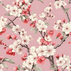 a pink background with white and red flowers on it's branches in full bloom