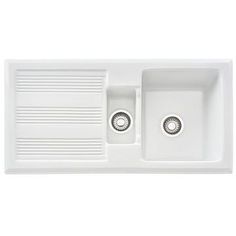 a white kitchen sink with two faucets on the top and side drainers