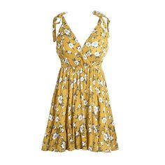 Material: Cotton, LinenSilhouette: A-LineLength: Above Knee, MiniWaistline: EmpireNeckline: V-Neck V-neck Midi Sundress For Brunch, V-neck Sundress With Ruffles, V-neck Sundress For Spring, V-neck Floral Print Sundress For Brunch, Floral Print V-neck Sundress For Brunch, Yellow Floral Print V-neck Sundress, Yellow V-neck Sundress With Floral Print, Yellow Short Dress, Short Yellow Dress