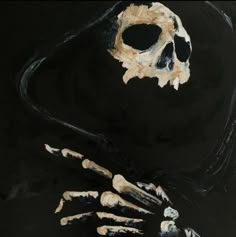 a painting of a skeleton holding the hand of a human skull in it's left arm