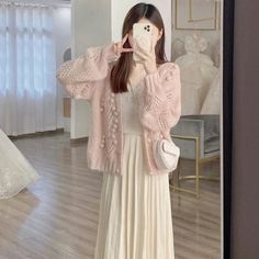 46312327577832|46312327610600 Cardigan Sweater Coat, Spring Sweater, Sweater Coat, Mohair Sweater, Chiffon Shirt, Spring And Autumn, Wear Pink, Sweater Coats, Sweater Jacket