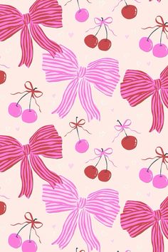 a pink background with cherries and bows