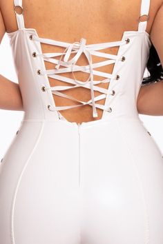 White Sexy Strappy Latex Romper It's the perfect concert outfit! Bandage Stretch Corset For Night Out, Edgy Stretch Corset For Parties, Trendy White Corset For Party, Stretch Bandage Corset For Night Out, Chic Stretch Corset For Club, Trendy Stretch Corset With Corset Back, Cheap Fitted White Bubble Romper, White Stretch Corset For Party, White Bandage Corset For Night Out