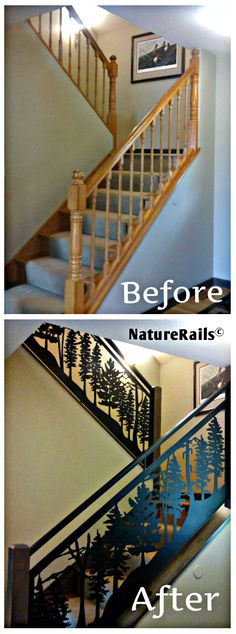 before and after photos of a stair railing