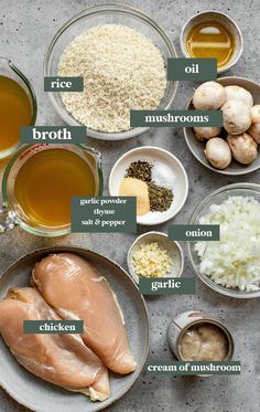 the ingredients for chicken broth are shown in bowls on a gray counter top, including onions, mushrooms, garlic, and oil