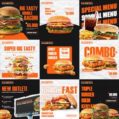 the menu for a fast food restaurant is shown in orange and black colors, with different burgers on each side