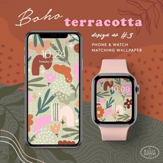 an iphone and watch sitting next to each other in front of a floral wallpaper