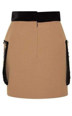 This mini Fausto Puglisi skirt features a fitted shape with velvet patch pockets and signature gold and silver embellishment.Back zipMaterial: 48% acetate 32% viscose 15% polyester 5% silkColor: camel/blackFully linedMade in Italy Luxury Mini Skirt For Workwear, Luxury Lined Mini Skirt, Luxury Fitted Mini Skirt, Elegant Skirt With Side Pockets, Formal Mini Skirt With Pockets, Designer Mini Skirt For Party, Elegant Mini Pencil Skirt With Pockets, Luxury Lined Mini Skirt For Work, Chevron Outfit