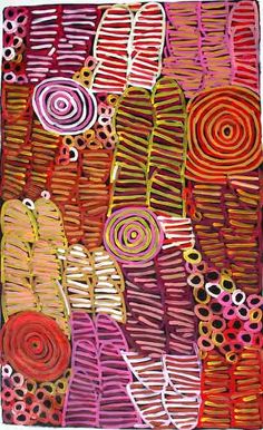 an abstract painting with circles and spirals in red, orange, pink, yellow and purple