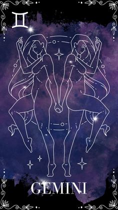 the zodiac sign for gemini with three women holding each other in front of a purple and blue background