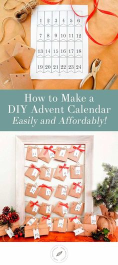 the diy advent calendar is on display in front of a christmas tree and presents