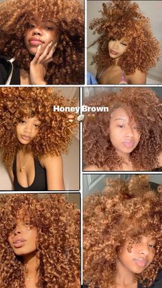 Ginger Honey Brown Hair, Stunk Strip Honey Blonde, Honey Brown Hair Curly Natural, Light Brown Afro, Honey Brown Afro, Black Woman Hair Color Ideas, Bleached Natural Hair Black Women, Curly Hair Honey Brown, Dye Hair On Black Women