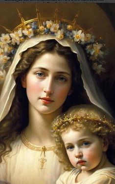 a painting of a woman and child with flowers in her hair, wearing white veils