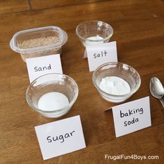 three bowls with sugar, salt and baking soda on them next to two spoons