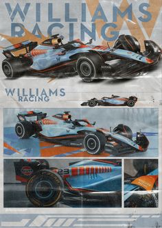 the williams racing car is shown in three different views, including an orange and blue one