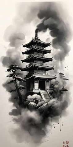 an ink painting of a pagoda in the clouds