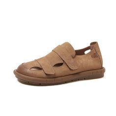 Spring Summer Retro Leather Flat Velcro Casual Sandals Brown Slip-on Sandals With Flat Heel, Brown Open Toe Slip-on Sandals, Brown Slip-on Open Toe Sandals, Coffee Sizes, Summer Retro, Spring Sandals, Tube Top Dress, Leather Style, Rubber Heels