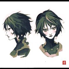 two anime characters, one with black hair and the other with green eyes are facing each other