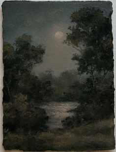 an image of a painting with trees and moon in the sky over water at night