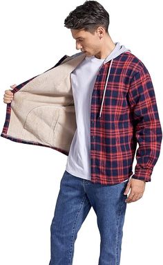 Derbars Men's Cotton Plaid Shirts Jacket Fleece Lined Flannel Shirts Sherpa Button Down Jackets with Hood for Men Plaid Fleece Jacket, Fleece Lined Flannel Shirt, Lined Flannel Shirt, Plaid Shirts, Flannel Shirts, Men's Casual Style, Down Jackets, Kids Luggage, Luxury Store