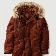 American Eagle Outfitters Mid-Length Winter Parka With Detachable Faux Fur Hood - Burnt Orange / Brown / Rust Colored Excellent Condition, Worn Less Than 3-4 , Faux Fur Hood Attachment Basically Brand New And Has Never Been Worn Outside Of The Store. - Size Xs - Nwot - Knee Length, Slightly Longer In Back - Deep Pockets - Adjustable Drawstring At Waistline And Hood - Large Buttons With Loop-Closure Zipper Flap -100% Cotton - Soft Corduroy - Purchased Brand New $160 Brown Parka With Pockets For Winter, Winter Brown Parka With Pockets, Brown Cotton Winter Outerwear, Brown Cotton Parka For Fall, Brown Cotton Outerwear For Cold Weather, Brown Fall Parka With Pockets, Casual Brown Winter Parka, Brown Hooded Corduroy Outerwear, Brown Corduroy Outerwear With Pockets