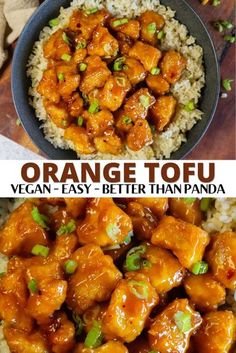 orange tofu with rice and green onions in a black bowl on top of the plate