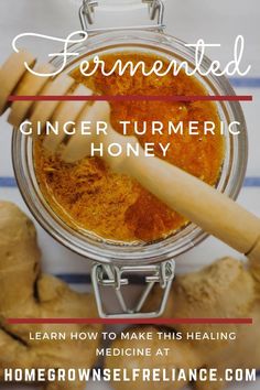 ginger tumeric honey in a jar with text overlay that reads fermented ginger turmeric honey learn how to make this health medicine at home