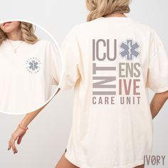 This ICU Nurse Shirt / Intensive Care Unit Nurse Comfort Colors Shirt is so comfortable and perfect for work or anytime! It is sure to become a favorite! Makes a great gift too!  See more of our ICU merch here:  https://bit.ly/3PdmX1x ♥ W E L C O M E  T O  S K E T C H Y  C A T  D E S I G N S ! ♥ * This is a standard unisex garment-dyed 100% cotton shirt - Comfort Colors Tee with a relaxed fit. FOR AND OVERSIZED TEE, PLEASE SIZE UP!!  Please review the size chart to ensure you receive the fit you Cotton Graphic Print Nursing Tops, Cotton Nursing Tops With Graphic Print, Cotton Graphic Print Tops For Nursing, Cotton Nursing Top With Graphic Print, Casual Nursing Shirt With Short Sleeves, Casual Short Sleeve Nursing Shirt, Cotton Nursing T-shirt Relaxed Fit, Cotton Relaxed Fit T-shirt For Nursing, Relaxed Fit Cotton T-shirt For Nursing