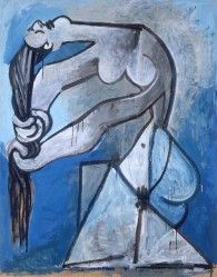 an abstract painting of a woman with her hair pulled back and wearing a blue dress