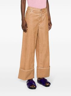 Find MARNI High-waist Wide-leg Trousers on Editorialist. camel brown cotton garment dyed flocked finish logo patch to the rear high waist belt loops concealed fly and button fastening classic five pockets wide cropped leg turn-up hem Brown Workwear Bottoms With Five Pockets, High Waist Brown Cotton Wide Leg Pants, Brown High-waist Bottoms With Five Pockets, Brown High Waist Bottoms With Five Pockets, Brown Relaxed Fit Bottoms With Five Pockets, Wide Leg Trousers, Waist Belt, Patch Logo, Camel