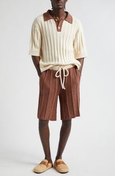 The Elder Statesman Beach Guy Rib Cotton Polo Sweater | Nordstrom Party Installation, Summer Sweater Outfits, Man Knitting, Sweater Shorts, Fashion Illustration Poses, Patchwork Knit, Mens Sweaters, Elder Statesman, Knit Men