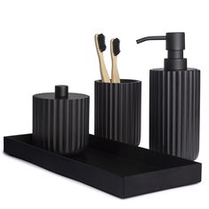 PRICES MAY VARY. Handcrafted from Finely Sculpted Resin & Stainless Steel - Our 4 piece bathroom decor sets accessories are designed to add a uniquely modern traditional appeal and infuse effortless style into your space design. Exceptional Quality & Style - Our All Black Collection feature a ribbed texture with matte black accents. Made with high-quality resin and rust-proof stainless steel, our collection is durable and long-lasting. The pump of the soap dispenser is sturdy and easy to use. Th White Bathroom Accessories Set, Black Bathroom Accessories Set, Matte Black Bathroom Accessories, Soap Dispenser Set, 4 Piece Bathroom, Gray Bathroom Accessories, White Bathroom Accessories, Gold Bathroom Accessories, Boho Bathroom Decor