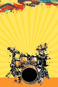 a drum set on an orange background with grungy paint splatters