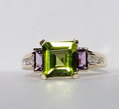 14K Yellow Gold Peridot, Amethyst, and Diamond Ring Size 8.75  | eBay Green Amethyst Rings In Fine Jewelry Style, Formal Green Amethyst Ring With Accent Stones, Formal Green Amethyst Ring With Gemstone Accents, Green Amethyst Ring For Formal Occasions, Green Amethyst Anniversary Ring With Gemstone Accents, Green Amethyst Ring Fine Jewelry, Green Multi-stone Amethyst Ring, Fine Jewelry Green Amethyst, Green Amethyst Fine Jewelry