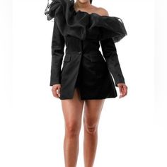 Black Ruffles Chic Ruffled Blazer For Office, Spring Formal Outerwear With Ruffles, Spring Formal Ruffled Outerwear, Chic Evening Blazer With Ruffles, Spring Party Blazer With Ruffles, Elegant Black Cocktail Outerwear, Chic Winter Blazer With Ruffles, Fitted Outerwear For Cocktail In Spring, Long Sleeve Ruffled Blazer For Evening