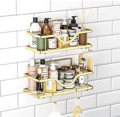 three tiered bathroom shelfs with various items on them in front of a white tiled wall