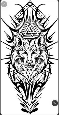 a black and white drawing of a wolf's head with geometric designs on it