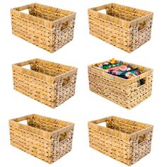 four wicker storage baskets with lids and handles are shown in six different positions, each holding various snacks