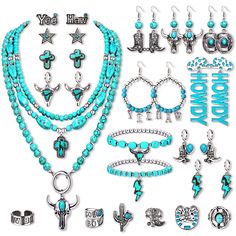 PRICES MAY VARY. ღ Bohemia Turquoise Jewelry: Steal the show when you step out in this bold, dynamic native American inspired turquoise jewelry set! You will receive 20 piece western jewelry including 1pcs triple-layered Turquoise necklace, 2pcs turquoise beaded bracelet, 6pcs stacking knuckle rings, 3 pairs turquoise stud earring, 1 pairs Howdy earring, 1 pairs cowgirl hoop earrings and 6 pairs turquoise dangle earrings. True vintage assemblage with just the right amount of Western aged charm a Western Silver Jewelry, Turquoise Cowgirl, Western Wardrobe, Turquoise Jewelry Set, Vintage Turquoise Ring, Cowgirl Accessories, Hoop Dangle Earrings, Country Jewelry, Nashville Bachelorette