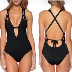 Hit The Beach In Style This Summer Season With This One-Piece Swimsuit. Plunge Neckline Tie Back Closure Lined 83% Nylon, 17% Spandex Hand Wash, Line Dry Imported Model Stats: 5'11" Height; 32" Bust; 25" Waist; 35" Hips. Model Is Wearing Size S. Size S New With Out The Tag Black Bodysuit With Adjustable Straps For Vacation, Strappy Beachwear Bodysuit For Pool, V-neck Swimwear With Straps For Beach, Black One-piece Bodysuit With Straps, Black Strappy Swimwear For Summer, Chic Black Swimwear With Straps, Beachwear Bodysuit With Straps For Beach Season, Strappy Bodysuit For Vacation Beachwear, Backless Strappy Bodysuit For Beach