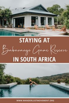 a woman sitting on the edge of a swimming pool in south africa with text saying staying at badanang game reserve in south africa