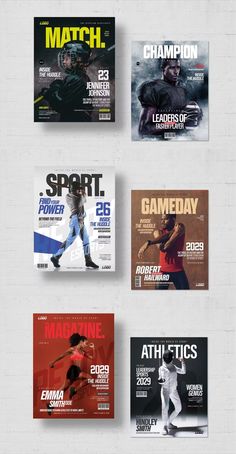 the covers of sports magazines are displayed on a wall with white brick walls behind them